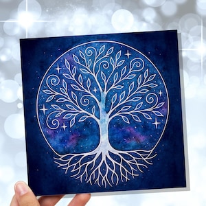 Carte Arbre de vie céleste Design sacré Art galaxie aquarelle bleue Branches fantaisistes Whimsigoth Witchcore Witchy Stationary Spirituel