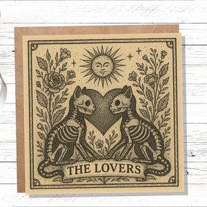 Lovers Tarot Skeleton Cat Card | Gothic Witchy Anniversary Valentine Gift | Dark Romance Art | Unique Macabre Love Illustration Witchcore image 2
