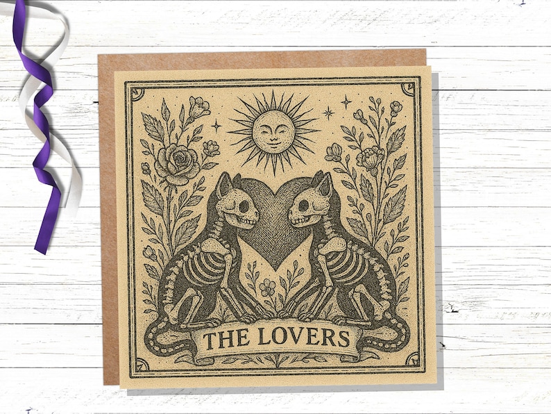 Lovers Tarot Skeleton Cat Card | Gothic Witchy Anniversary Valentine Gift | Dark Romance Art | Unique Macabre Love Illustration Witchcore image 2