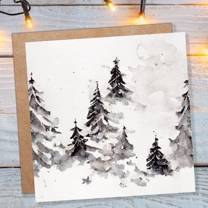 Semplice acquerello pino carta alberi innevati scena neve bianca paesaggio invernale pittura famiglia amici Natale 2025 paesaggio innevato minimo