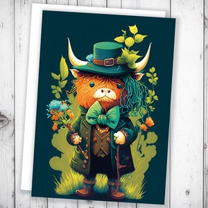 Leprechaun écossais vache des Highlands carte La chance de l'Irlande costume vert bouquet fleurs amusant animal humoristique anniversaire Saint-Patrick Merci BFF