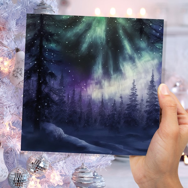 Magische Polarlichter Weihnachtskarte Wald Schnee Szene Verschneite Wälder Grün Blau Lila Aurora Borealis Weihnachtskarten Für Familie Freunde 2022
