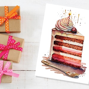 Verjaardagstaartkaart aquarel elegante viering gelukkige wensen plakje gelaagde ijsspons kaars wenskaart voor vrienden BFF