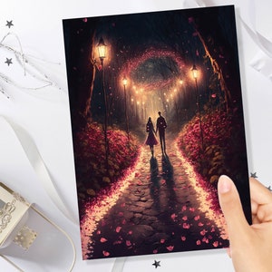 Amanti in un magico giardino romantico con luci notturne illuminanti, carta coppie incantate, sua moglie, fidanzata, tesoro, anniversario, mesi
