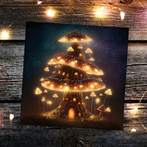 Cartão de árvore de casa de cogumelo Fairycore com luzes quentes, mágicas, brilhantes, douradas, conto de fadas único e caprichoso para família, amigos, Natal, obrigado