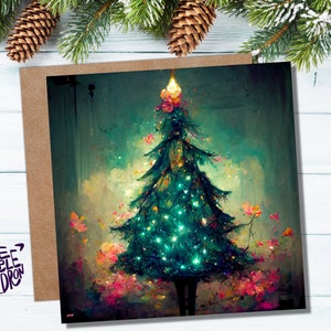 Lindo cartão de Natal com árvore mágica e luzes de fada, pintura exclusiva e caprichosa, verde-azulado, rosa, saudações para a família, amigos, Natal 2025