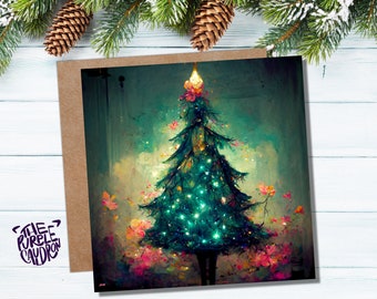 Pretty Christmas Card with Magical Tree and Fairy Lights Painting Unique Whimsical Teal Green Pink Greetings For Family Friends Xmas 2025