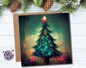 Pretty Christmas Card with Magical Tree and Fairy Lights Painting Unique Whimsical Teal Green Pink Greetings For Family Friends Xmas 2023