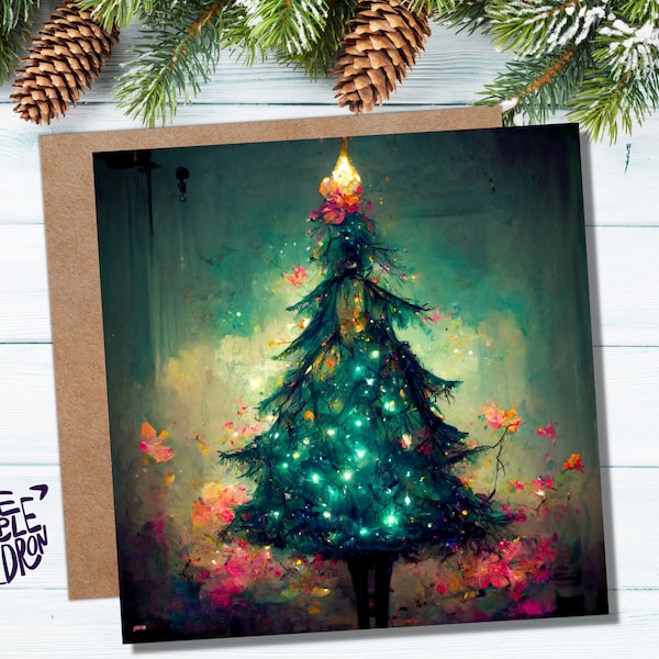 Jolie carte de Noël avec arbre magique et guirlandes lumineuses peignant des voeux uniques lunatiques sarcelle vert rose pour les amis de la famille Noël 2023