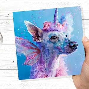 Dogicorn Geburtstagskarte Magischer Fantasy Einhorn Hund Regenbogen pink blau wunderlich niedlich Kostümparty lädt Schmetterling Feenflügel ein