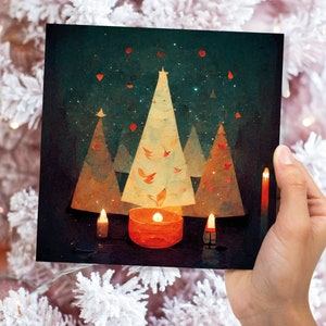 Albero di Natale astratto Biglietto verde giallo arancione Alberi graziosi Candela Fiamma Dipinto Unico Stravagante Saluti Famiglia Amici Natale 2025