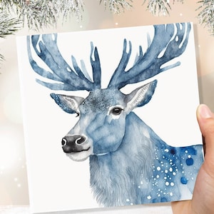Aquarell-Hirsch-Karte Blau Gemalt Winter-Ren Magischer Preußischer Blues Elegante Eisige Grußkarten Für Familie Freunde Weihnachten 2025 Danke