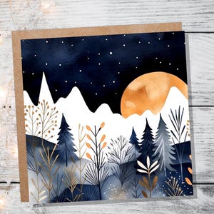 Wenskaart Midnight Mountains - elke gelegenheid - voor natuurliefhebbers - blauwgouden aquarel winters tafereel - milieuvriendelijk