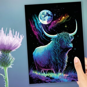 Highland Kuh Geburtstagskarte Mond Sterne Galaxie irisierende Farben Ermutigung Stärke Ausdauer Verfolgen Sie Ihre Träume Ziele Grußkarten