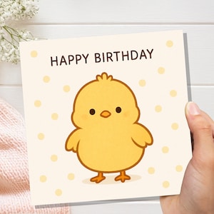 Niedliche Geburtstags-Küken-Karte, Kawaii-Baby-Vogel-Illustration, Kinder-Bday-Gruß, süßer flauschiger gelber Chook für Kind, einfache Karikatur-Kunst
