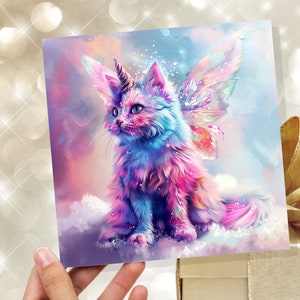 Carte d'anniversaire caticorne chat lunatique ailes de papillon chaton pour les amoureux des licornes enfants Invitation magique de fête arc-en-ciel rose pastel violet bleu