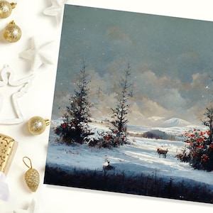Winter sparren scène wenskaart besneeuwde landschap bergen Schotse hooglanden sneeuw schilderij kaarten voor familie vrienden kerstmis 23 bedankt