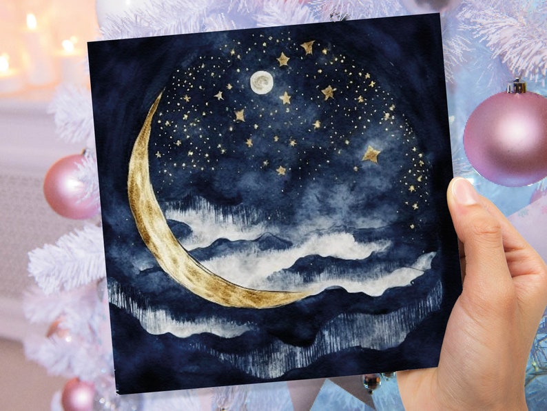 May include: A watercolour painting of a crescent moon with gold accents against a dark blue night sky with white clouds and gold stars.