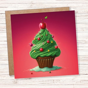 Taart Kerstboomkaart Fee Cupcake met groen glazuur Rode hagelslag Kerstwenskaart voor bakkers Bakken familie vrienden 2025