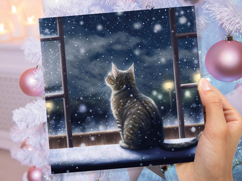 Cat Christmas Card Cute Kitten Watching Snow Fall Tabby Snowy Window Winter Night Scene Falling Whimsical Greetings Family Friends Xmas 2023 image 8