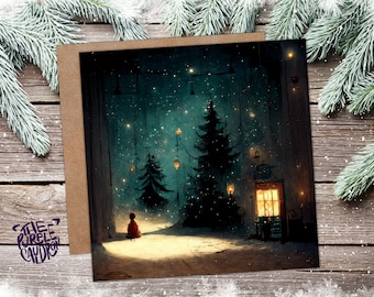 Carte de Noël de nuit d'hiver enneigée avec des lumières chaudes, peinture bleu sarcelle de neige, peinture verte, salutations fantaisistes uniques pour les amis de la famille, Noël 2025