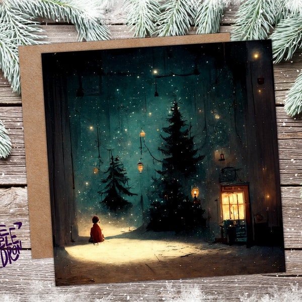 Snowy Winter Night Christmas Card with Warm Lights Snow Teal Blue Green Painting Unique Whimsical Greetings For Family Friends Xmas 2026