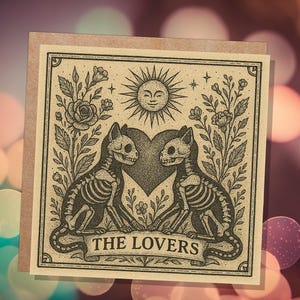 Lovers Tarot Skeleton Cat Card | Gothic Witchy Anniversary Valentine Gift | Dark Romance Art | Unique Macabre Love Illustration Witchcore image 3