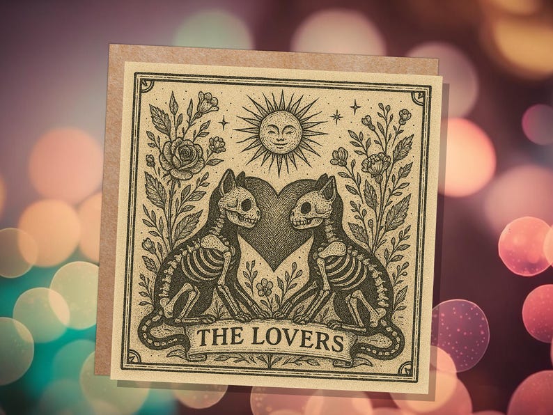 Lovers Tarot Skeleton Cat Card | Gothic Witchy Anniversary Valentine Gift | Dark Romance Art | Unique Macabre Love Illustration Witchcore image 3