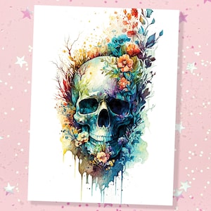 Teschio con fiori Biglietti di compleanno gotici Giorno dei morti Goth Alternativa Matrimonio Floreale Acquerello Saluti Notelets Boho Chic BFF