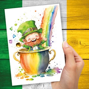 Carte de lutin mignon St Patricks Day Luck of the Irish Pot d'or arc-en-ciel Lucky Ireland sur le thème Saint Paddy's Aquarelle cartes de voeux Eco