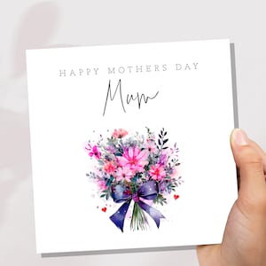 Glückliche Muttertag Blumenstrauß Karte Lila Rosa Floral mit Schleife Aquarell Blumenarrangement für Mama Mama Einzigartige botanische Blumenstrauß