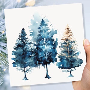 Aquarel bomen kerstkaart Pruisisch blauw modern elegant dennenboom rommelig schilderij eenvoudige wenskaarten voor familie vrienden Kerstmis 2025