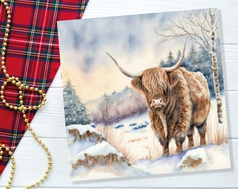 Highland Cow Cards Watercolour Winter Snow Scene Scottish Highlands Scenery Landscape Painting Cards Xmas 2025 Greetings Thank you Hairy Coo