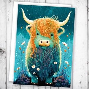 Jolie carte d'anniversaire vache Highland Illustration vache écossaise fantaisiste Fleurs sauvages bleu orange sarcelle Daisy amoureux des animaux Nature Happy Mail Cards