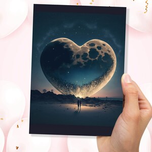 Amoureux sous une lune en forme de coeur dans une nuit étoilée Carte de voeux romantique pour couple, femme, petite amie, chérie, chérie, anniversaire, mois