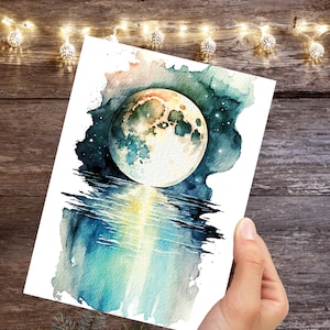 Carte Lune au-dessus de l'eau Lune pleine Lune Lever de lune étoiles montantes Lac Océan Rivière mer Astrologie céleste Sorcière Cartes d'anniversaire aquarelle