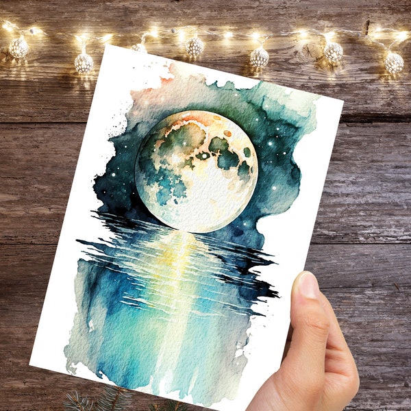 Moon Over Water Card Full Moon Rise Lunar Moonrise Stars Rising Lake Ocean River Sea Celestial Astrology Witchy Watercolour Birthday Cards