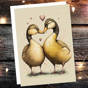 Carinissimi biglietti d'auguri con anatre innamorate per anniversari, matrimonio, San Valentino, romantici, vintage, gialli, illustrazione, coppie, coniugi, Galentines, BFF