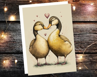 Cute Ducks in Love Greeting Card for Anniversaries Wedding Valentines Day Romantic Vintage Yellow Illustration Couples Spouse Galentines BFF