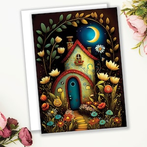 Skurrile Feengarten-Karte Magisch verzaubert Volkskunst Umzug neues Haus Haus Einweihungsparty Glückwunsch Nachtszene heidnischer Mond Folklore-Märchen