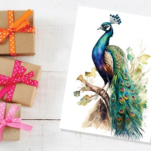 Karte exotischer Vogel Geburtstagsgruß Vintage Aquarell Kunstmalerei Pfauenfedern Hochzeitsillustrations-Grüße Danke Boho