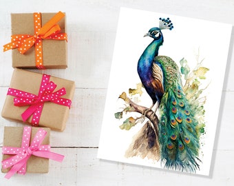 Tarjeta de pavo real, pájaro exótico, tarjetas de cumpleaños, pintura de acuarela vintage, plumas de pavo real, ilustración de boda, saludos, agradecimiento, estilo bohemio.
