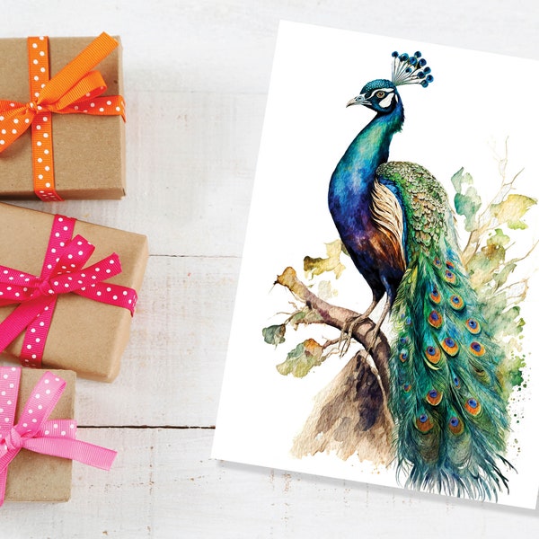 Peacock Card Exotic Bird Birthday Note Cards Vintage Watercolour Art Painting Peafowl Feathers Wedding Illustration Greetings Thank You Boho