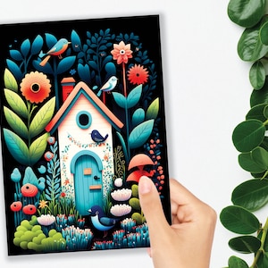 Art populaire maison carte de voeux jardin fantaisiste pendaison de crémaillère nouvelle maison déménagement jardinage jardiniers merci juste parce que les cartes colorées