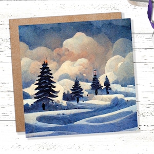 Cartolina acquerello invernale Scena di neve impressionista con alberi Paesaggio Colline sciistiche Sole Blu Saluti per famiglia Amici Natale 2025 Grazie