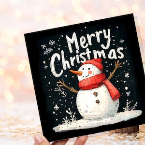 Cartão de Feliz Natal com Ilustração de Boneco de Neve Bonito com Flocos de Neve e Lenço de Chapéu Vermelho Cartão Festivo Único Família Amigos Natal 2025