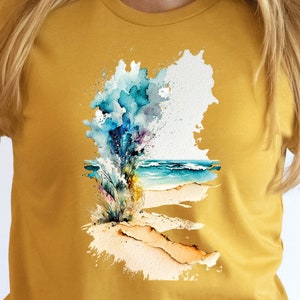 Abstract Beach T-Shirt Watercolour Painting Vacation Holiday Travel Shirt for Women & Men Cool Traveling Summer Landscape Seaside Tee Gifts