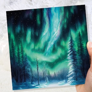 Aurora Borealis Karte Winter Nacht Schnee Szene Verschneite Landschaft Grün Blau Nordlichter Tannen Bäume Karten Für Familie Freunde Weihnachten Danke