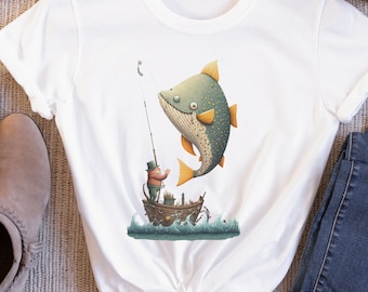 Grappig visshirt voor vrouwen Fishermans T-shirt grote vis kleine boot grillige Tee visserij humor illustratie visser visser cadeau voor mannen