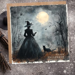 Silhouette de sorcière Halloween carte de voeux scène fantasmagorique unique avec chat de sorcière pleine lune sorcellerie sorcière sorcellerie gothique au clair de lune